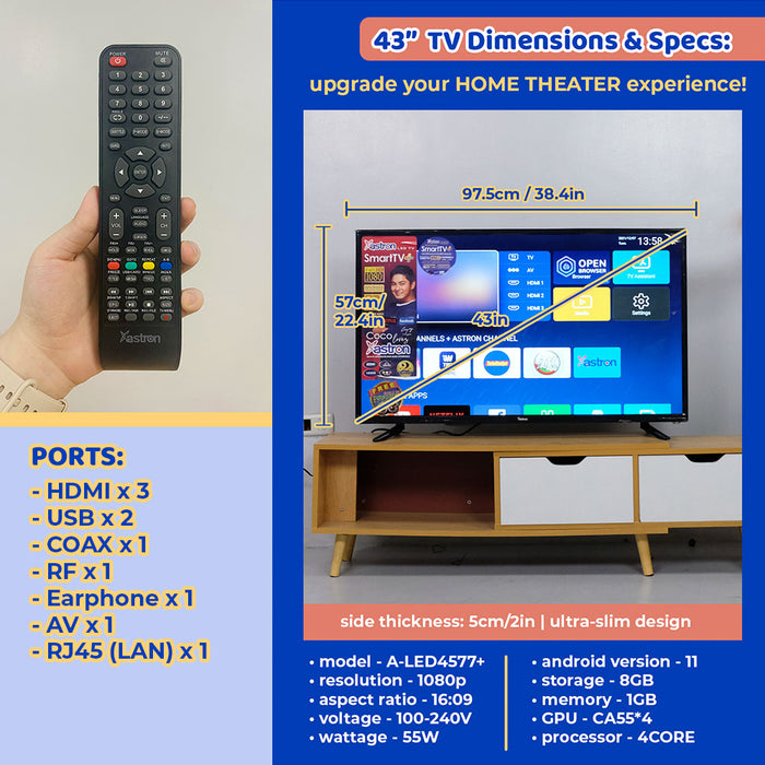 Astron 43" Smart TV+ [A-LED4577+] | Online Exclusive | 1080p Resolution | Netflix | 490+ FREE YouTube Channels | 2 Year Warranty