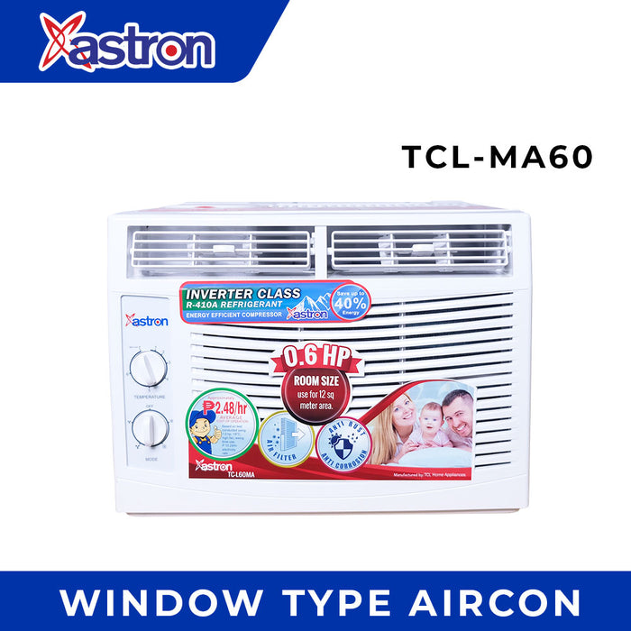 Astron 0.6HP Inverter Class Window Type Aircon- TCL60MA | Energy Saving| Built-in Filter | Anti-Rust Body | Ideal for Small Rooms