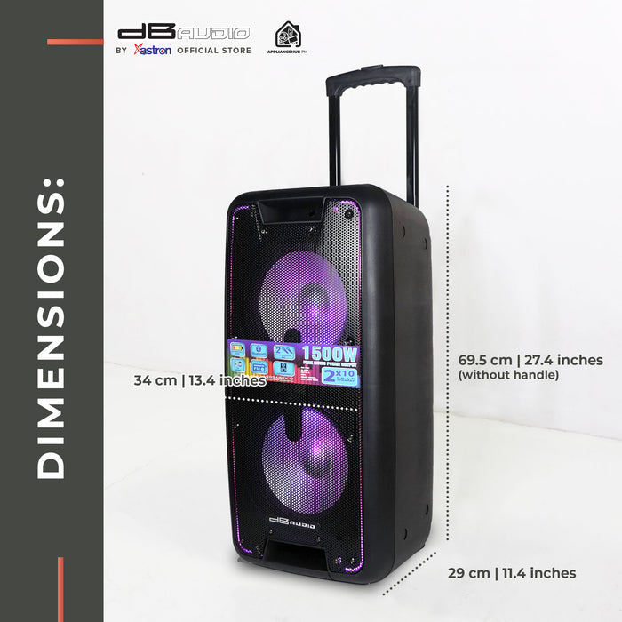 DB Audio by Astron VERSABOX-10 Portable Mobile Trolley Bluetooth Speaker (1500W) (2 FREE Mics) (10" Woofer x 2)  outdoor speaker  speaker for karaoke  rechargeable