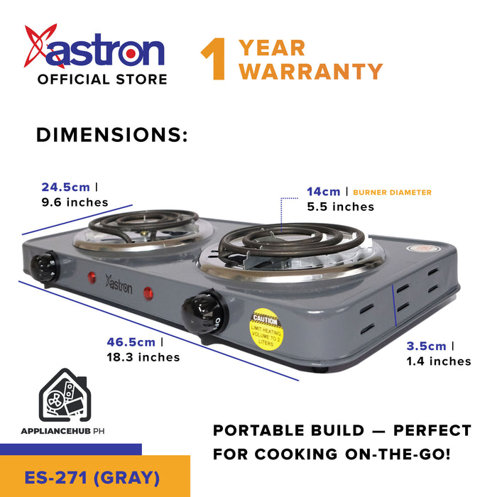 Astron ES-271 2-Burner Electric Stove (Coil) – Quick Heat-Up | Thermostat Control| Durable Non-Stick Finish