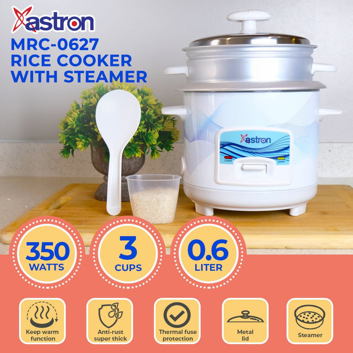Astron MRC-0627 0.6L Rice Cooker with Steamer | 3 cups | 350W | 2-3 persons | free paddle | mini