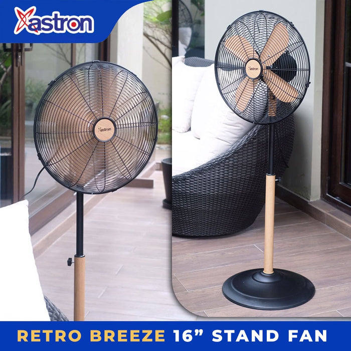 Astron RETRO BREEZE Modern & stylish 16" stand fan | Wooden design | 60W | 3 speed control