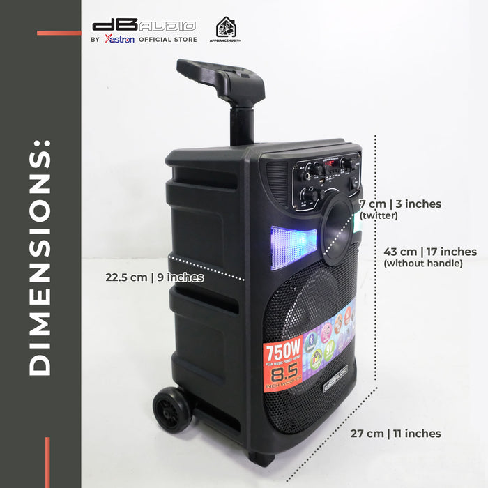 DB Audio by Astron BLUETREK-PA-0898L Portable Mobile Trolley Bluetooth Speaker (750W) (8.5" Woofer) ( (1 FREE Wired Mic) outdoor speaker speaker for karaoke rechargeable