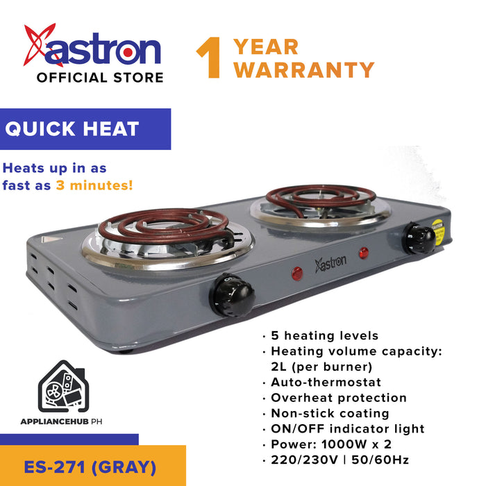 Astron ES-271 2-Burner Electric Stove (Coil) – Quick Heat-Up | Thermostat Control| Durable Non-Stick Finish