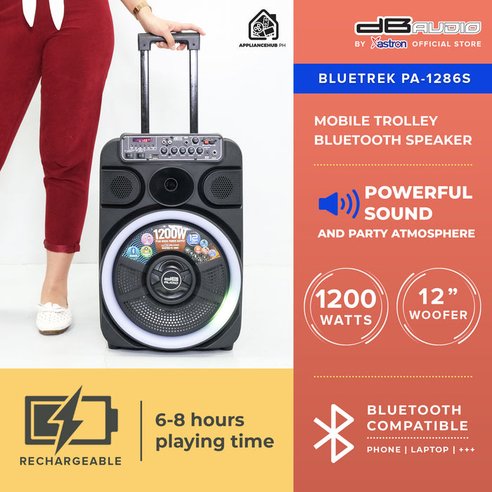 DB Audio by Astron BLUETREK PA-1286S Portable Mobile Trolley Bluetooth Speaker (1200W) (1 FREE Mic) (12" woofer) (with horn tweeter)  outdoor speaker  speaker for karaoke