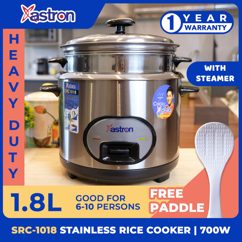 Astron SRC-1018 1.8L Stainless Steel Rice Cooker with Steamer HEAVY DUTY 10 Cups 700W 6-10 Persons free paddle big rice cooker