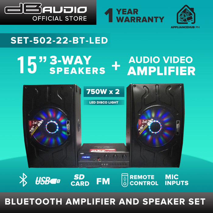 Db Audio SET-502-22 BT-LED 15" Bluetooth Speaker and Amplifier Set (750W x 2) (3-way)