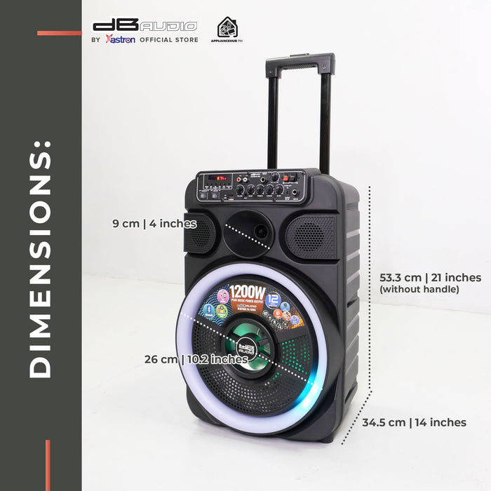 DB Audio by Astron BLUETREK PA-1286S Portable Mobile Trolley Bluetooth Speaker (1200W) (1 FREE Mic) (12" woofer) (with horn tweeter) outdoor speaker speaker for karaoke