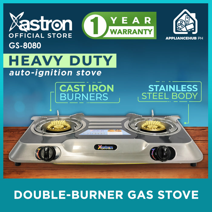 Astron GS-8080 Heavy Duty Cast Iron Double Burner Gas Stove  Stainless Steel Body