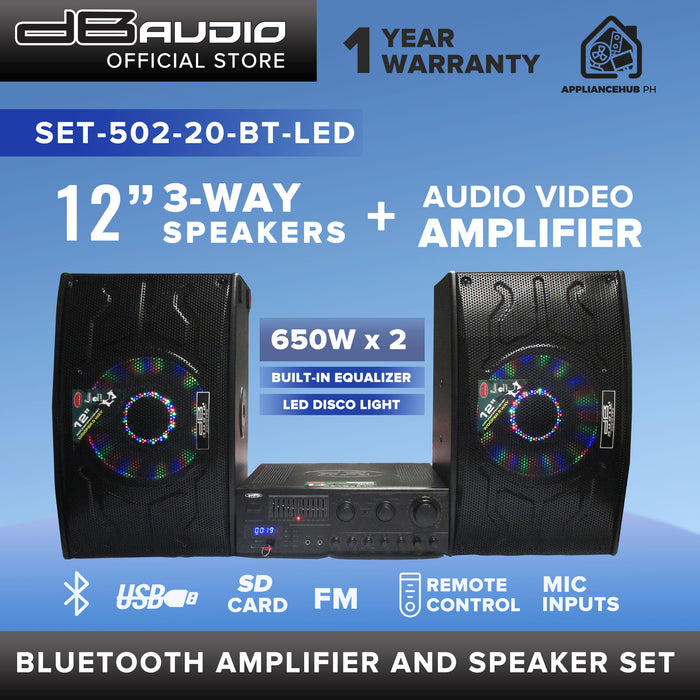 Db Audio SET-502-20 BT-LED 12" Bluetooth Speaker and Amplifier Set (650W x 2) (3-way) (Built-in Equalizer)
