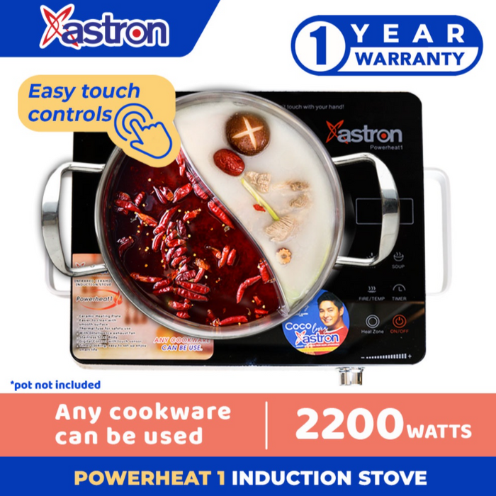Astron POWERHEAT1 Infrared Ceramic Single-Burner Induction Stove  Easy Touch Control  2200W  1 year warranty  induction stove for any cookware