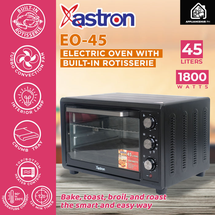 Astron EO-45 Electric Convection Oven with Built-in Rotisserie and Interior Lamp (45L) (1800W) (Black)