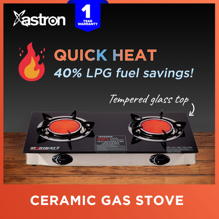 Astron MAXHEAT2 Double Burner Ceramic Gas Stove with Tempered Glass Top  infrared burner