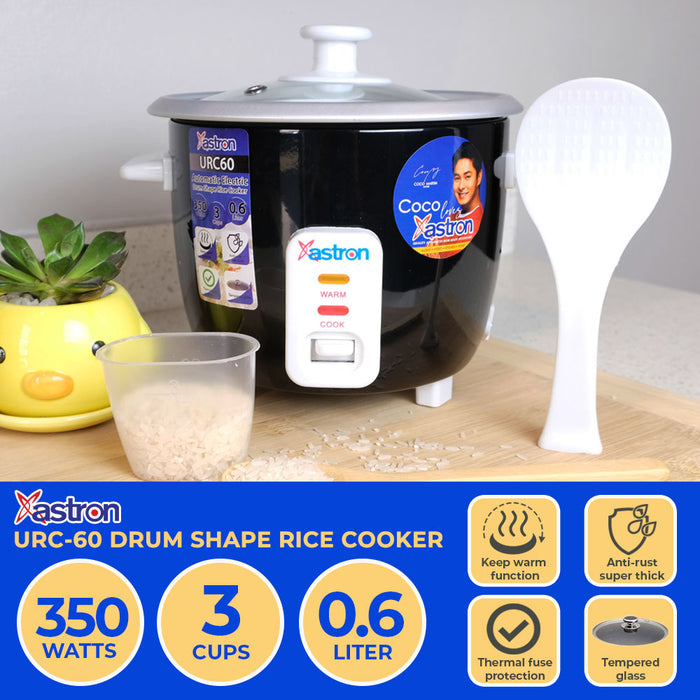 Astron URC-60 0.6L Drum Shape Rice Cooker (Black)  3 cups  350W  2-3 persons  free paddle  aesthetic rice cooker  minimalist rice cooker  small rice cooker