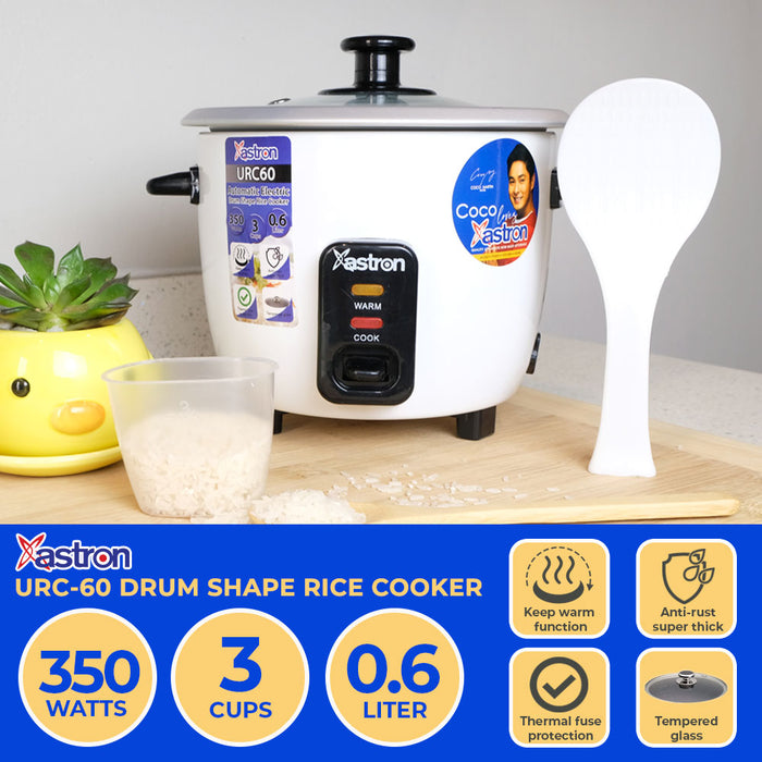 Astron URC-60 0.6L Drum Shape Rice Cooker (White)  3 cups  350W  2-3 persons  free paddle  aesthetic rice cooker  minimalist rice cooker  small rice cooker