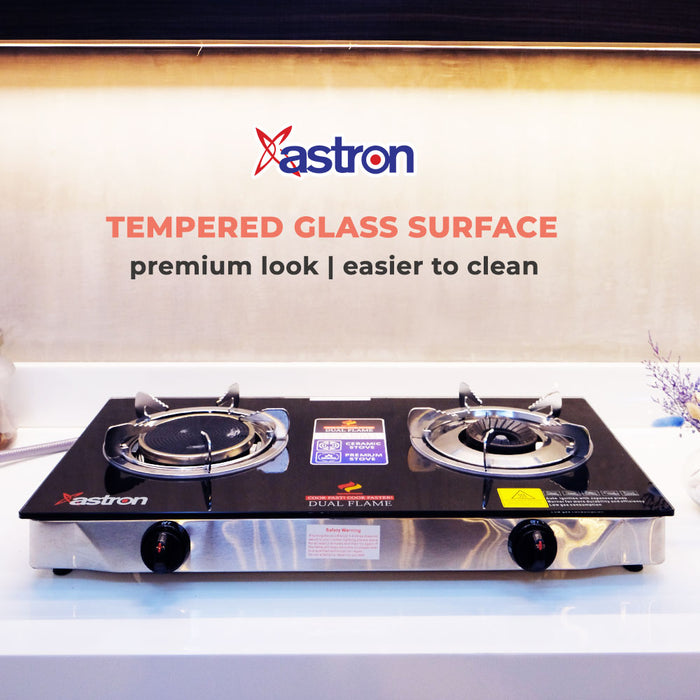 Astron DUAL FLAME Ceramic and Metal Double Burner Gas Stove with Tempered Glass Top  infrared burner