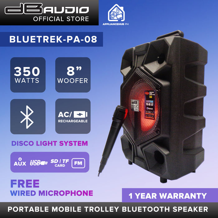 [FREE Wired Microphone] DB Audio by Astron BLUETREK-PA-08 Portable Mobile Trolley Bluetooth Speaker HIFI Boombox (8 inch woofer) (350W)  outdoor speaker  speaker for karaoke  rechargeable
