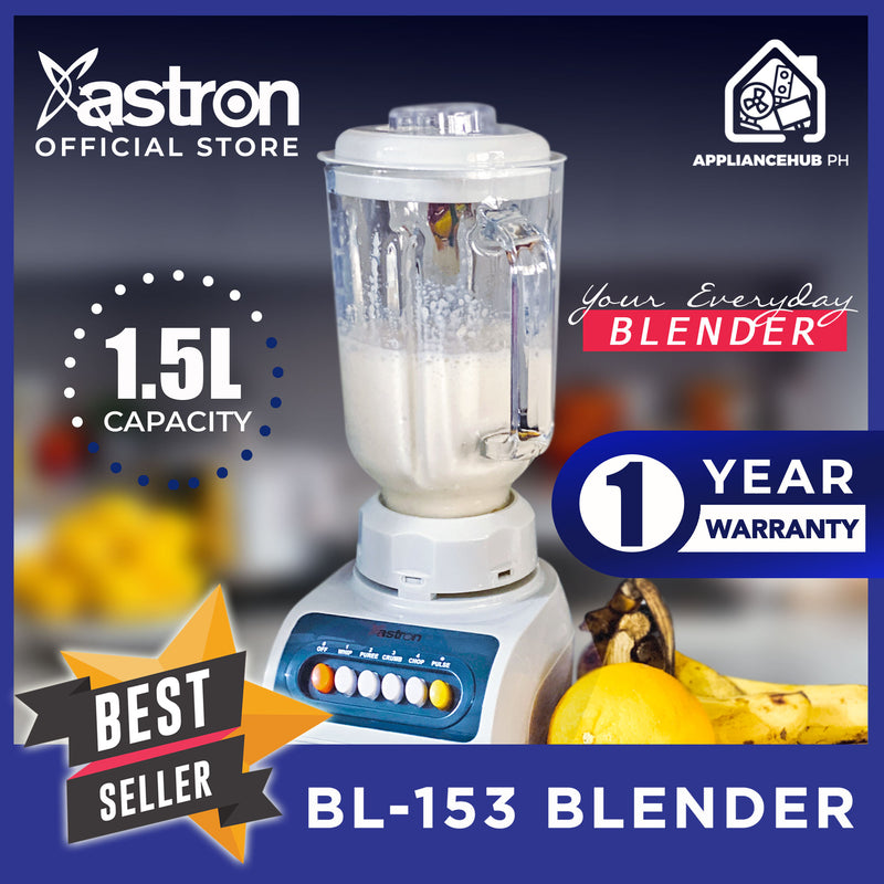 Astron BL153 Everyday Glass Jug Blender - White | 1.5 Liter Capacity | Stainless Steel Blade | Daily Use | Compact and Reliable