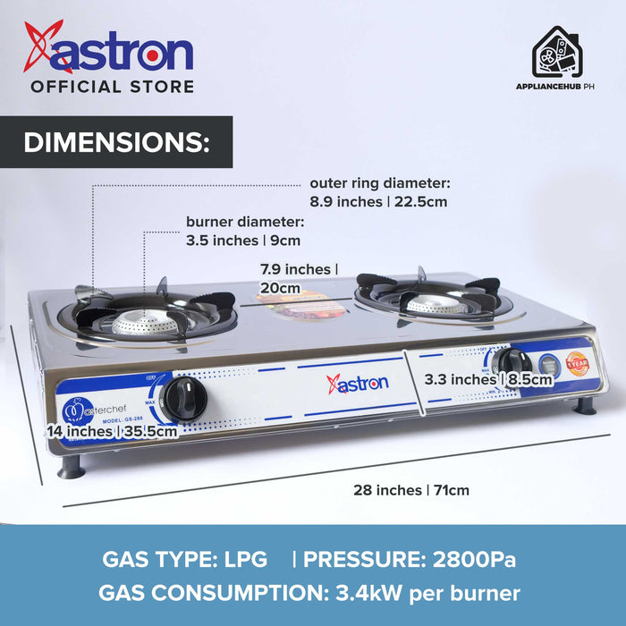 Astron GS288 Double Burner Gas Stove | Heavy Duty | Stainless Steel Body | Auto-Ignition Burner