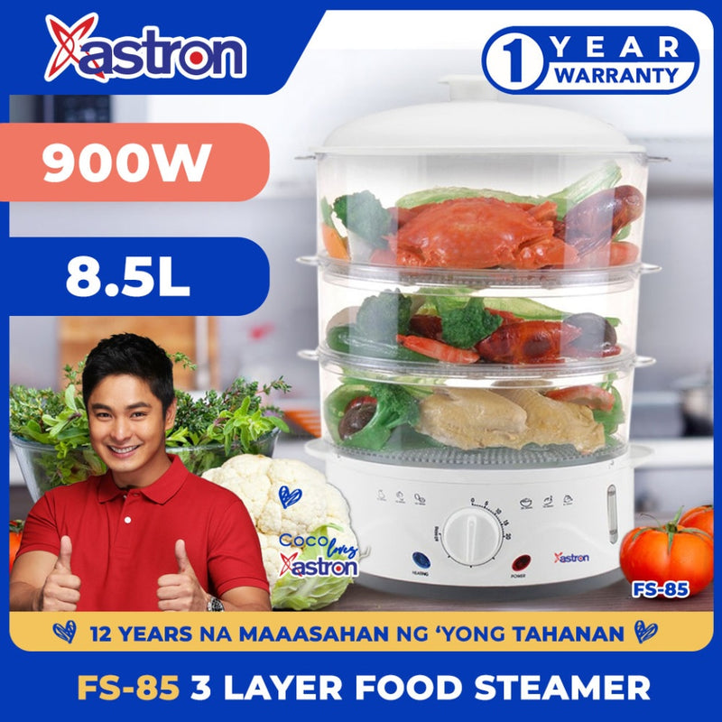 Astron FS85 3-Layer Electric Food Steamer - White | 8.5 Liter Capacity | Fast & Healthy Steam Cooking | 900W
