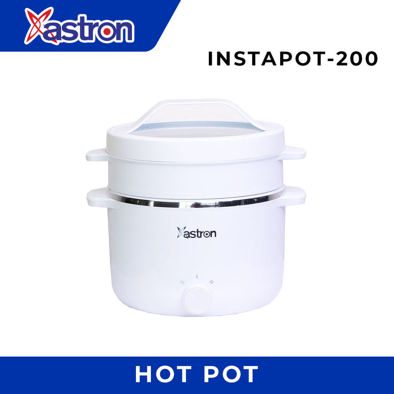 Astron INSTAPOT200 Multi-Purpose Electric Cooker with Steamer - White | 2 Liter capacity | Non-stick Ceramic Coating | 600W
