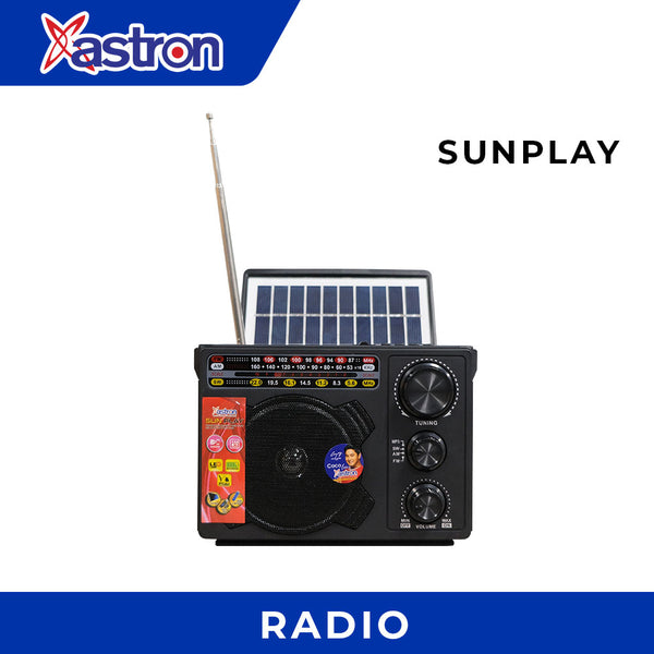 Astron SUNPLAY Solar-Powered Radio | AM/FM | Rechargeable | Flashlight | LED Lamp | Bluetooth | Emergency Use | USB/TF Card