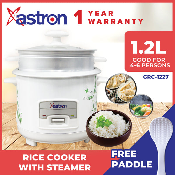 Astron GRC1227 Rice Cooker with Steamer Tray - 1.2L Capacity | Space-Saving Design | Ideal for 2–4 Persons