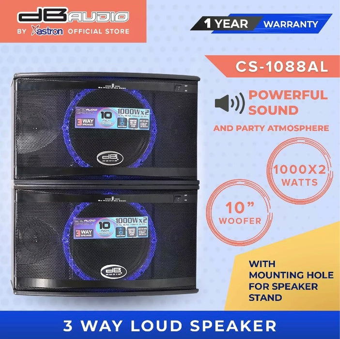 Db Audio CS-1088AL 3 way loud speaker 1000 x 2 watts 10" woofer with LED light with mounting hole for speaker stand