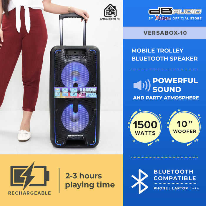 DB Audio by Astron VERSABOX-10 Portable Mobile Trolley Bluetooth Speaker (1500W) (2 FREE Mics) (10" Woofer x 2)  outdoor speaker  speaker for karaoke  rechargeable