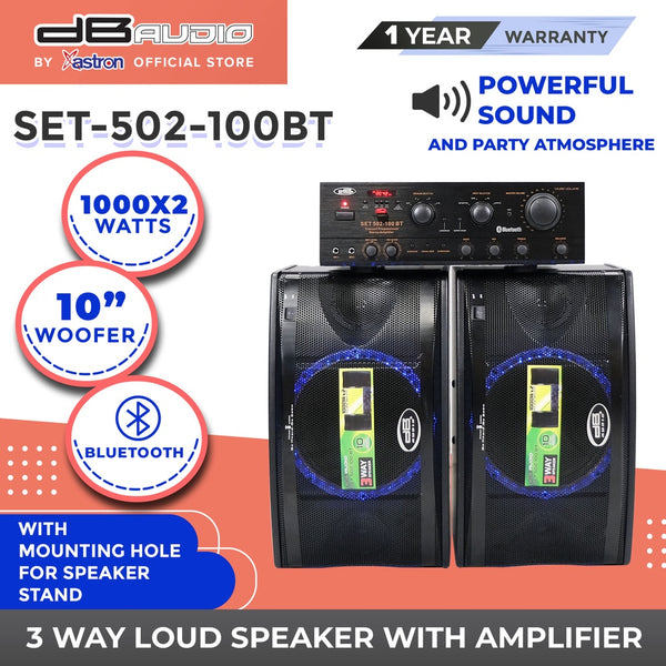 DB Audio by Astron SET502100BT 3-Way Loud Speaker with Amplifier | 1000 x 2 watts | 10" woofer | Bluetooth | Speaker Stand Compatible | FM radio | LED light