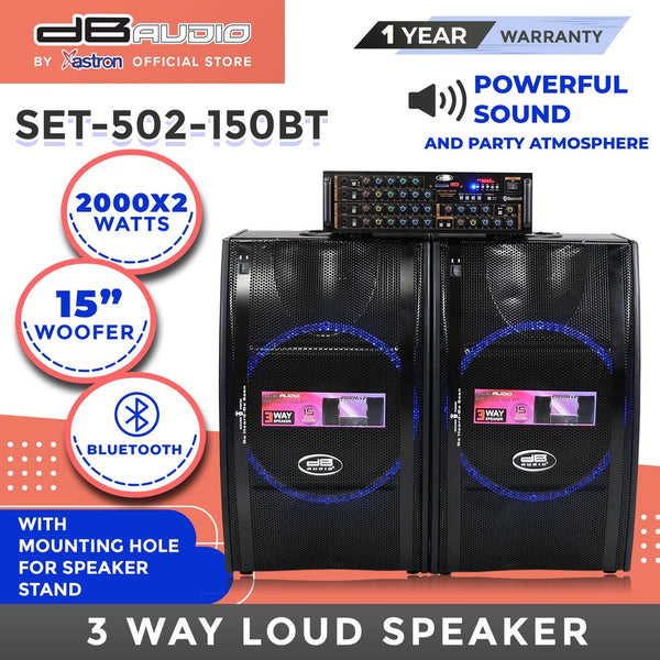 DB Audio by Astron SET502150BT 3-Way Loud Speaker with Amplifier | 2000 x 2 watts | 15" woofer | Bluetooth | Speaker Stand Compatible | FM radio | LED light
