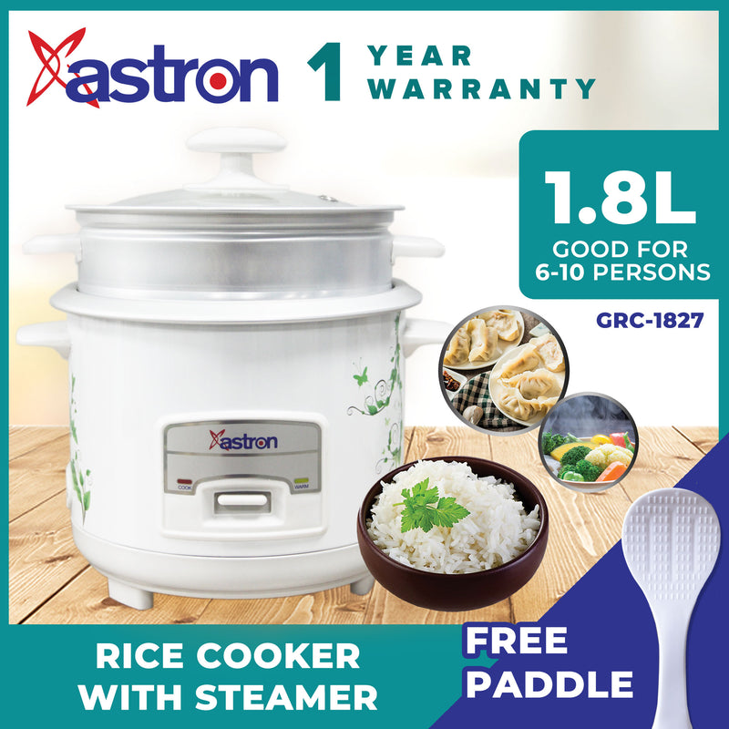 Astron GRC1827 Rice Cooker with Steamer Tray - 1.8 Liter Capacity | Heavy-Duty Cooking | For Up to 6 People