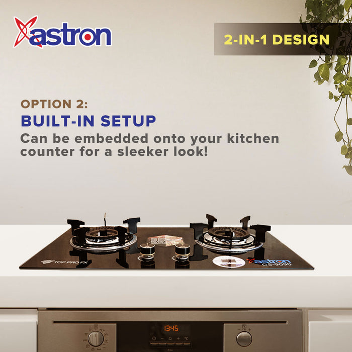 ASTRON GS-9090 Built-in Double Burner Gas Stove with Hob and Tempered Glass Top