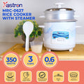 Astron MRC0627 Mini Rice Cooker with Steamer - 0.6 Liter Capacity | Ideal for 2-3 persons | Small & Efficient | 350W | Free paddle