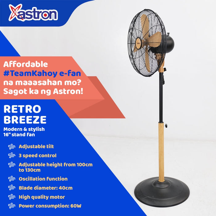 Astron RETRO BREEZE Modern & stylish 16" stand fan | Wooden design | 60W | 3 speed control