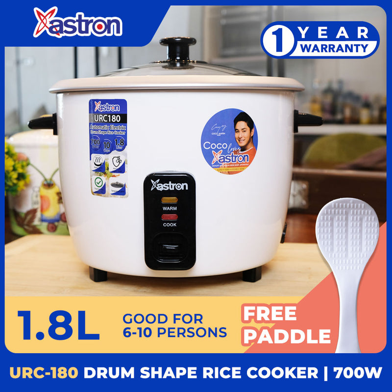 Astron URC180 Drum Shape Rice Cooker -1.8 Liters | Large Capacity | Aesthetic | Ideal for 6-10 persons | 700W | Free Paddle