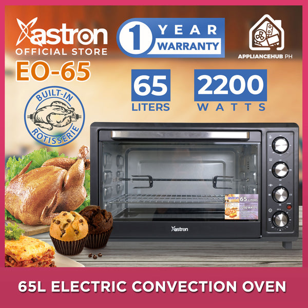 Astron EO65 Electric Convection Oven - Black | 65 Liter Capacity | Built-in Rotisserie | Interior Lamp | Large Capacity | Heavy Duty | 2200W