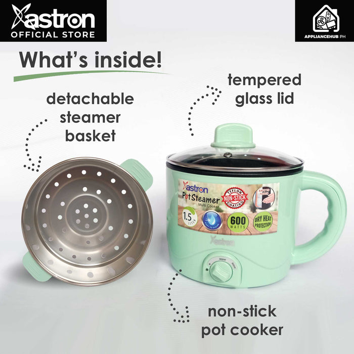 Astron POT STEAMER and MULTI COOKER  (Pastel Green) (1.5L) (600W)  Electric cooker  Electric pot  non-stick teflon coating