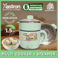 Astron Multi-Cooker & Pot Steamer - Pastel Green | 1.5L Capacity | 600W | Non-Stick Teflon | Electric Cooker