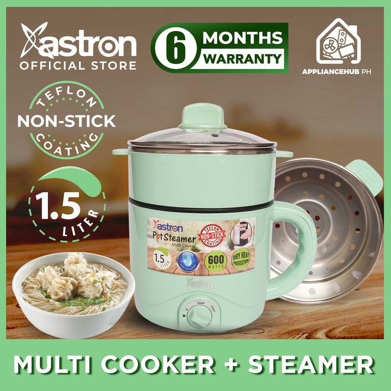 Astron Multi-Cooker & Pot Steamer - Pastel Green | 1.5L Capacity | 600W | Non-Stick Teflon | Electric Cooker