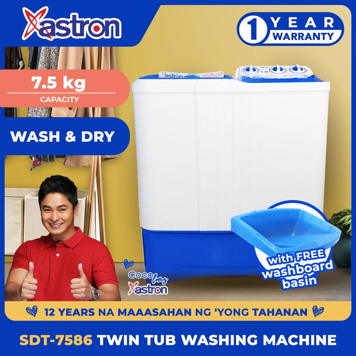 Astron SDT-7586 Twin Tub Washing Machine (Blue)  7.5 kg  Wash & Dry  FREE Washboard Basin  1 Year Warranty