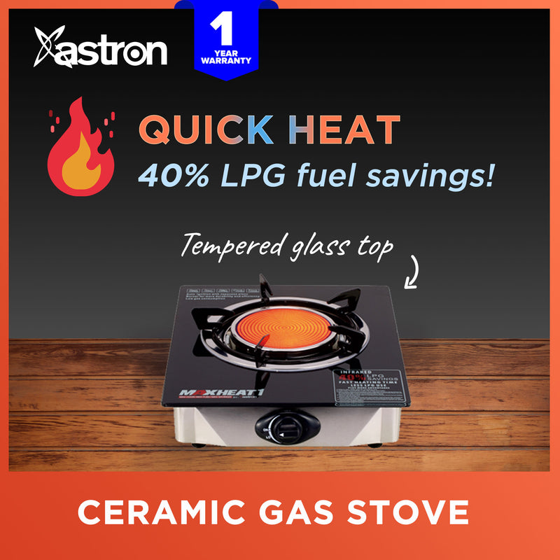 Astron MAXHEAT1 Single Burner Infrared Gas Stove | Heavy Duty | Ceramic Burner | Tempered Glass Top