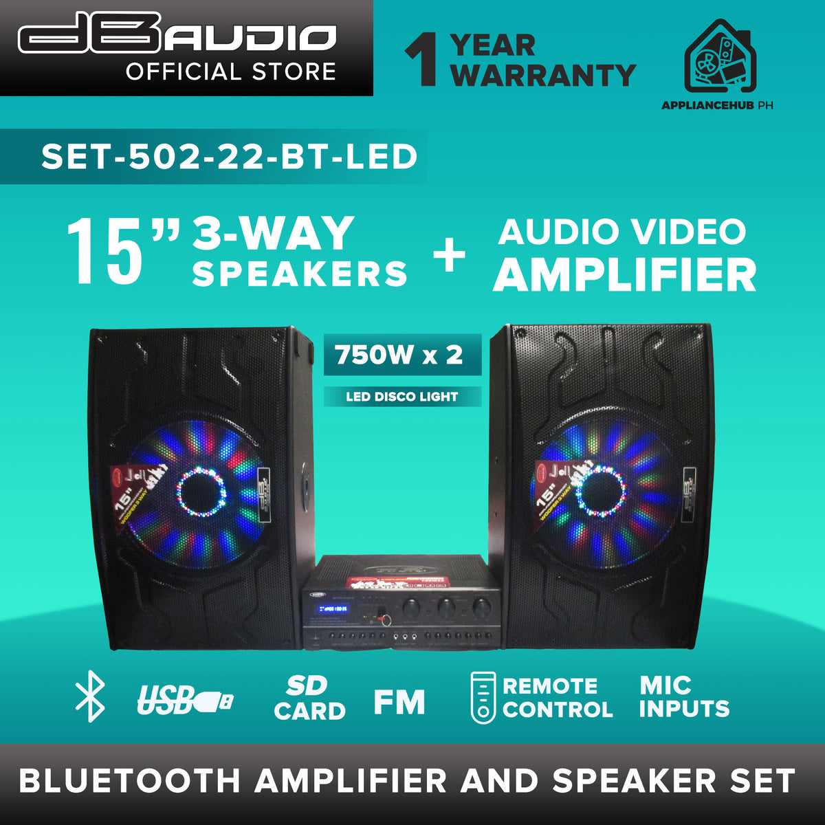 Db Audio SET50222 BTLED 15" Bluetooth Speaker and Amplifier Set (75