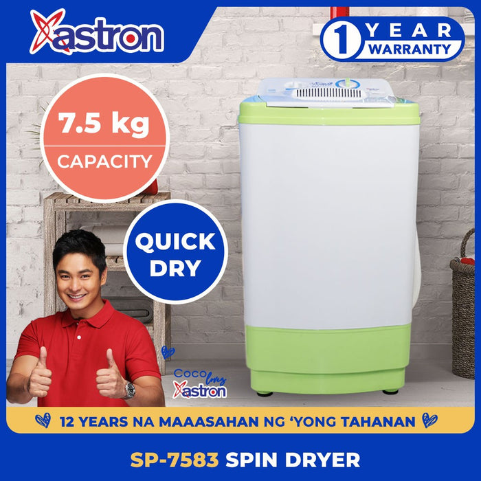 Astron SP-7583 Spin Dryer (Green)  7.5 kg  Quick Dry  Rust Proof  1 Year Warranty