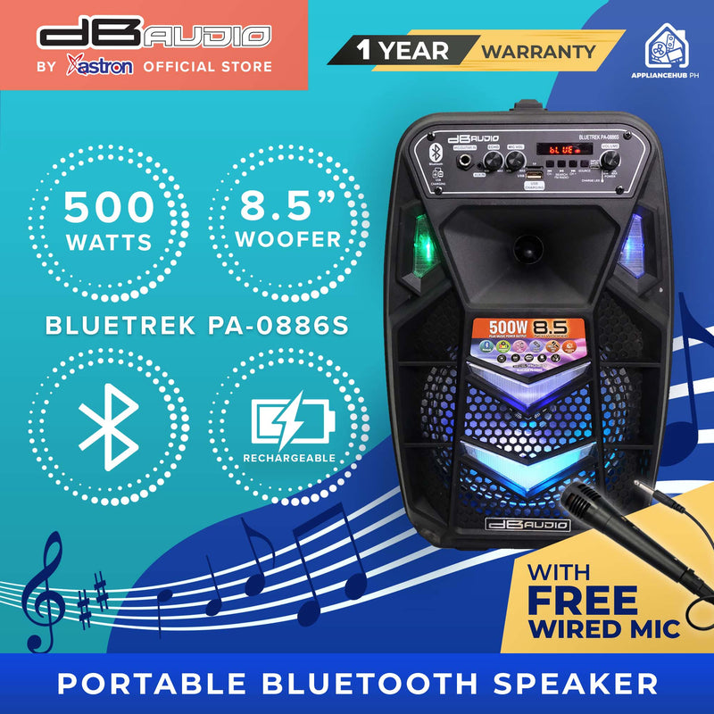 DB Audio by Astron BLUETREK-PA-0886S Portable Speaker - Bluetooth |1 Free Wired Mic | Rechargeable | Outdoor and Karaoke Use | 8.5 