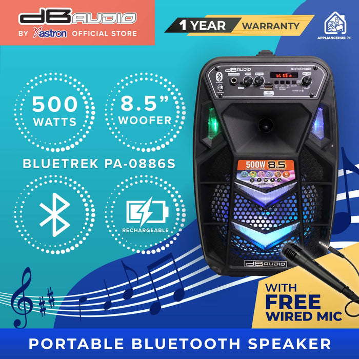 DB Audio by Astron BLUETREK-PA-0886S Portable Bluetooth Speaker (500W) (8.5" Woofer) (1 FREE Wired Mic)  outdoor speaker  speaker for karaoke