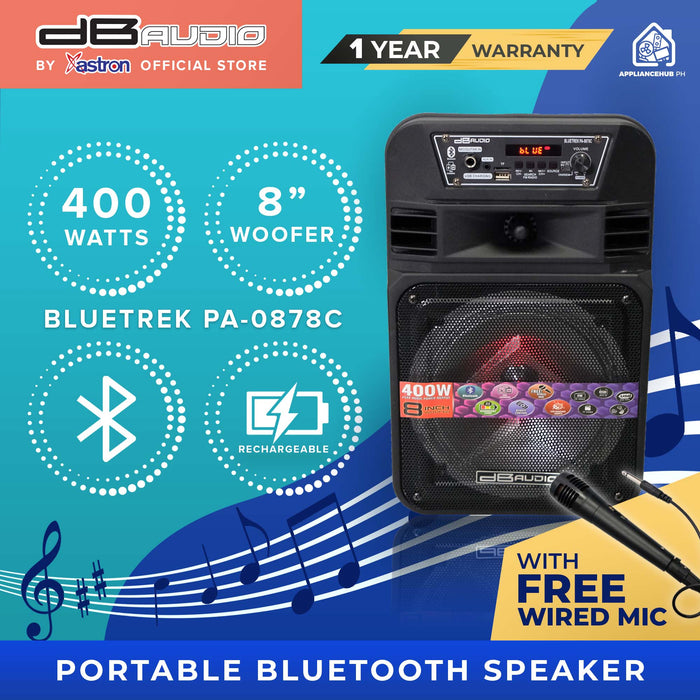 DB Audio by Astron BLUETREK-PA-0878C Portable Bluetooth Speaker (400W) (8" woofer) (1 FREE Wired Mic)  outdoor speaker  speaker for karaoke  rechargeable