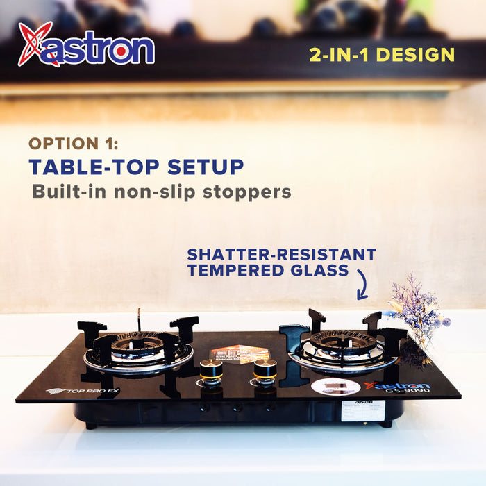 ASTRON GS-9090 Built-in Double Burner Gas Stove with Hob and Tempered Glass Top