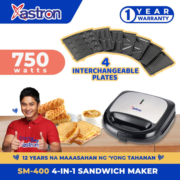 Astron SM400 Sandwich Maker | 4-in-1 Cooking Functions | Interchangeable Plates | Nonstick | Dual Heating | 750W