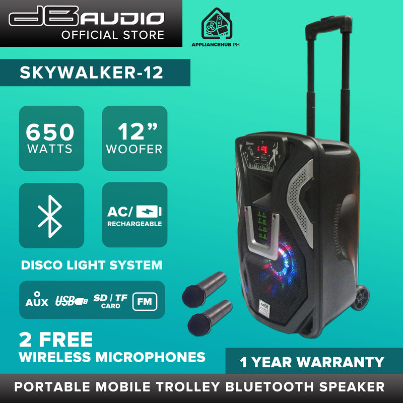 DB Audio by Astron SKYWALKER12MCX2 Portable Mobile Trolley Speaker - Bluetooth | 2 Free Wireless Mic | Outdoor and Karaoke Use | 650W | 12